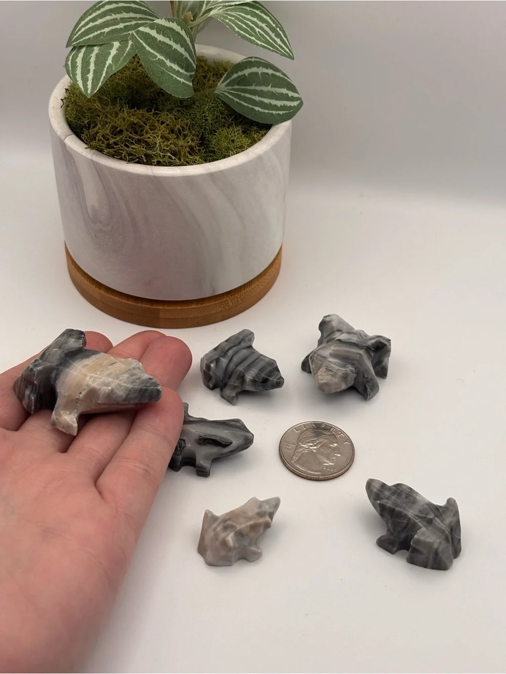 Set of 6 Hand-Carved Stone Frog Miniature Figurines, Set of Marble Trinkets
